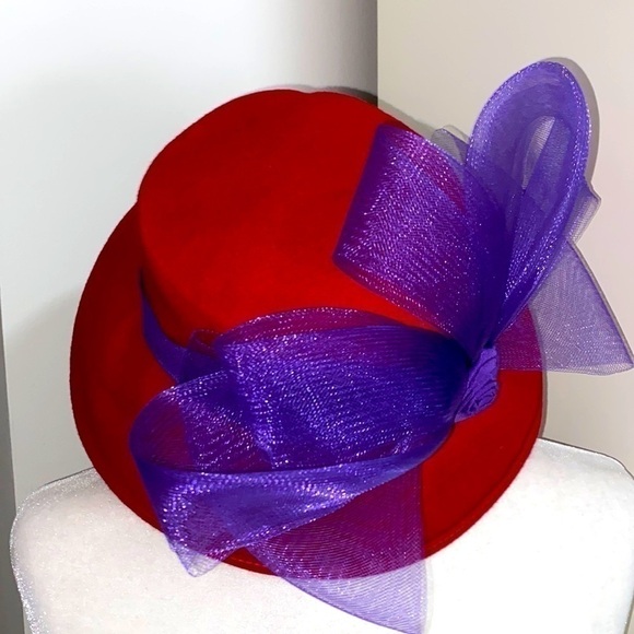 Red Hat Society Purple Ribbon Flower Derby Wool Hat Fall Warm Party Vacation - Picture 8 of 16